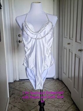 Pearl-Embellished White Halter One-Piece Swimsuit (Never Worn)